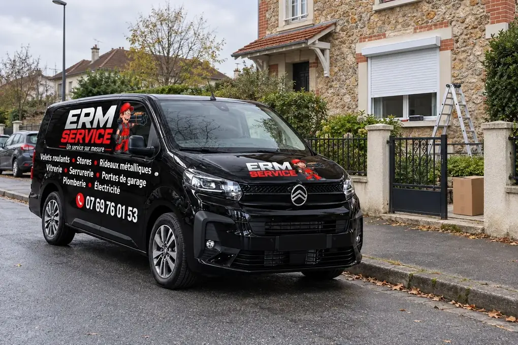 Camionnette noire ERM Service garée devant une maison équipée de volets roulants