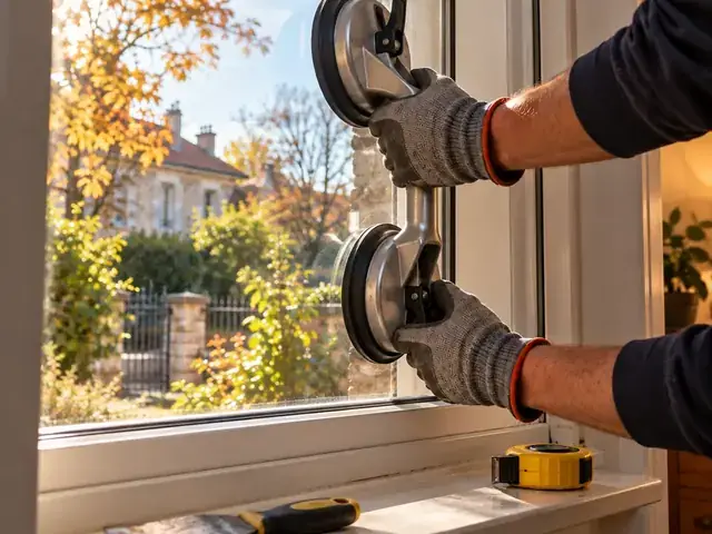 Pose d’une vitre avec des ventouses